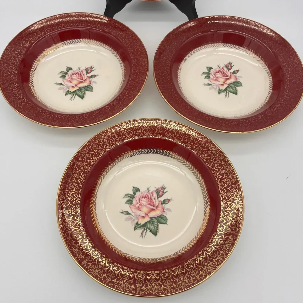 Homer Laughlin Lady Stratford Soup Bowl Set 4 Maroon Red Gold Rose Vintage